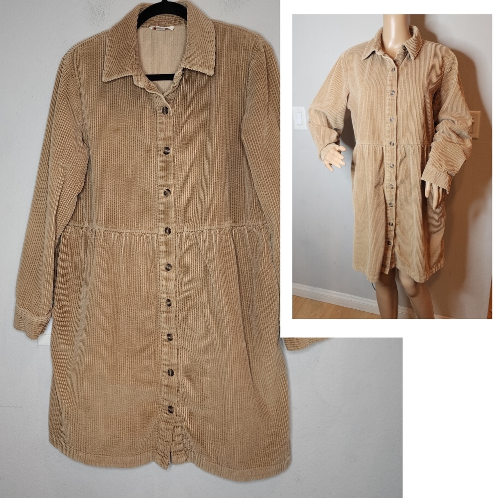 Talbots Corduroy Long Sleeve Tan Button Front Mini Dress Size 14 Pockets